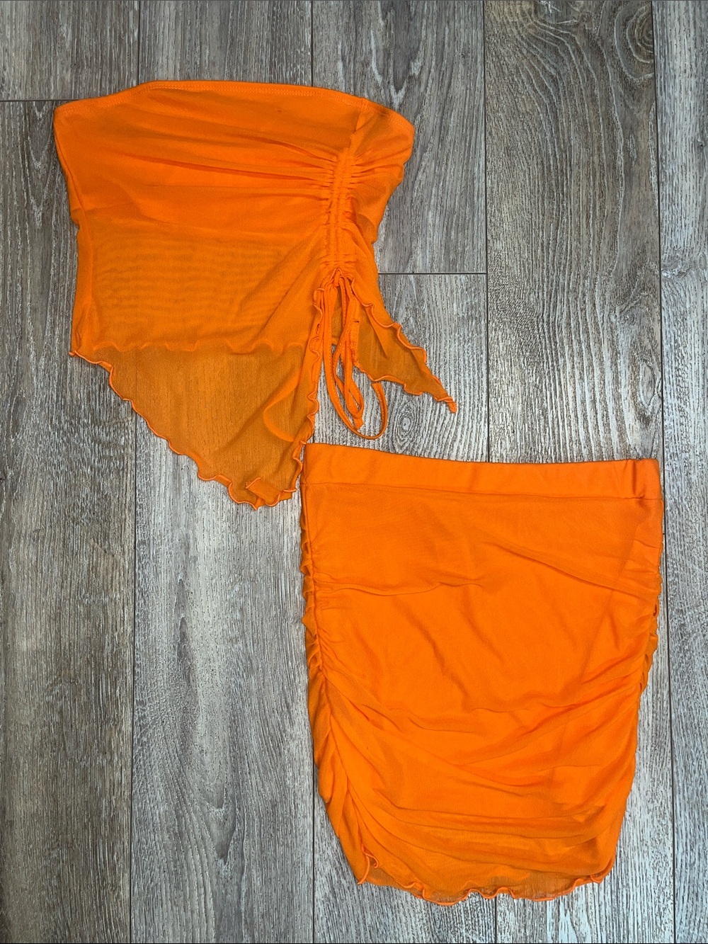 SHEIN Bright Orange Ruched Mesh Mini Skirt Set